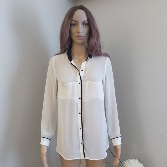 ZARA sheer blouse top polo shirt cream black - Picture 1 of 12